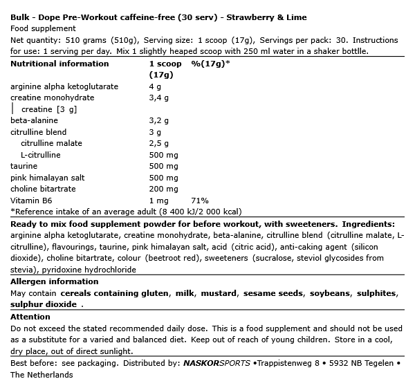 Dope Pre-Workout caffeine-free - Bulk