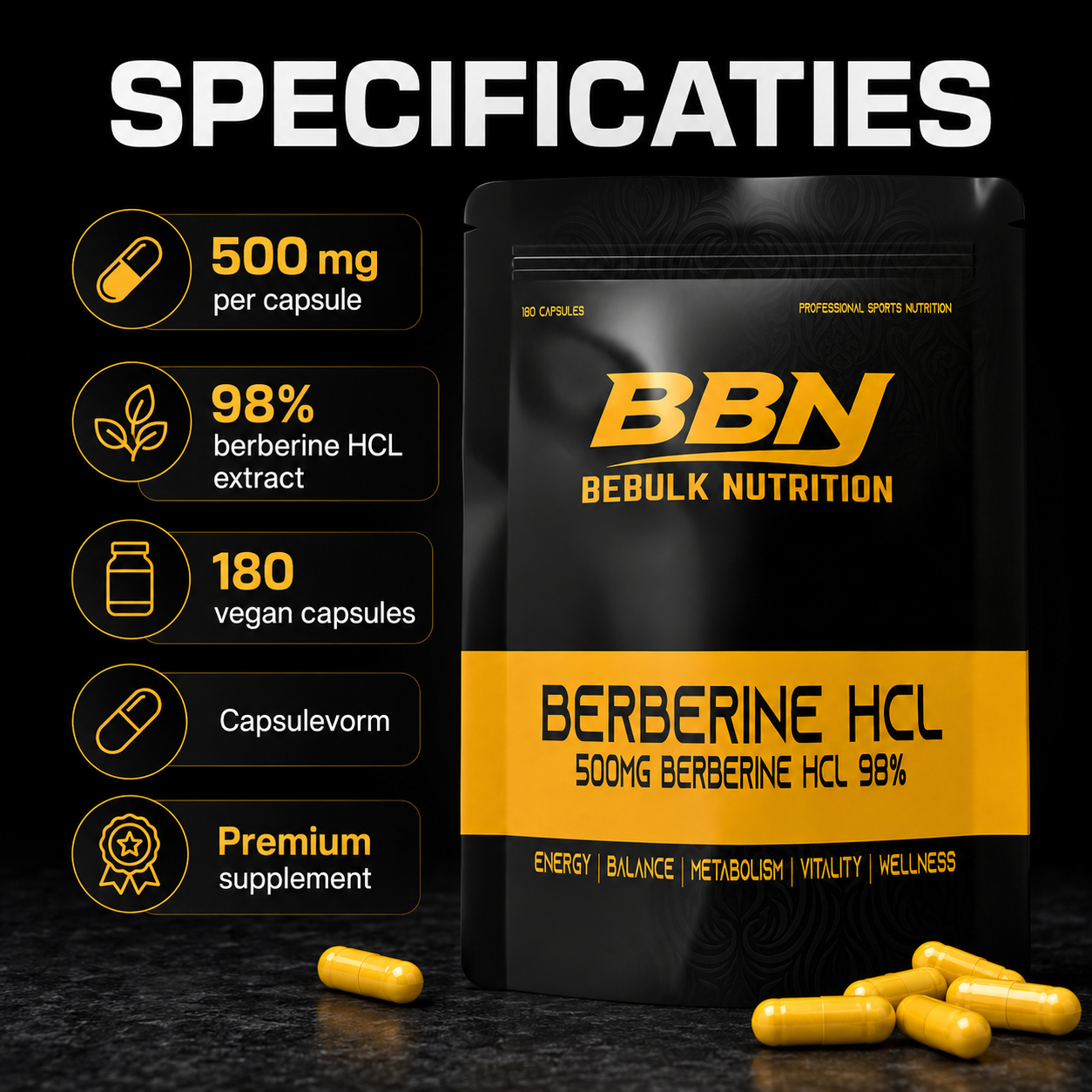 Berberine HCL 98% - Vegan - BeBulk Nutrition